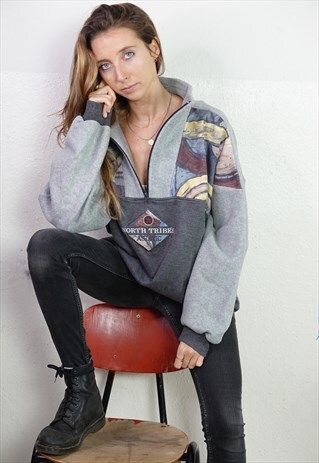VINTAGE FLEECE JUMPER QUARTER ZIP TRIBAL PRINT MEDIUM WOMEN