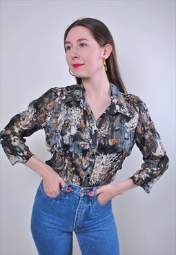 Women vintage abstract print multicolor dark sexy blouse 