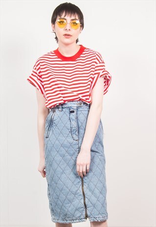 VINTAGE 90'S BLUE QUILTED PENCIL SKIRT