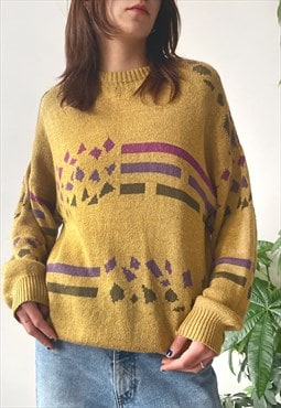 Vintage 90's Mustard Oversized Knit Abstract Grandad Jumper