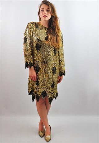 VINTAGE BLACK & GOLD SEQUIN SILK MIDI PARTY COCKTAIL DRESS