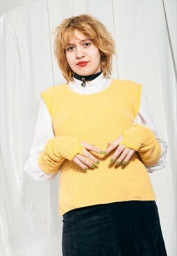 Vintage Vest Gloves Set 90s Reworked Upcycled Top in Yellow