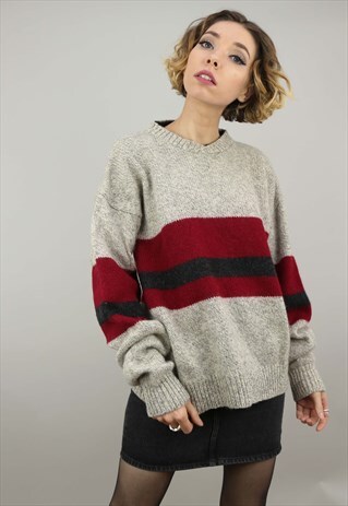 VINTAGE 80S 90S OVERSIZED PATTERNED KNIT JUMPER GREY