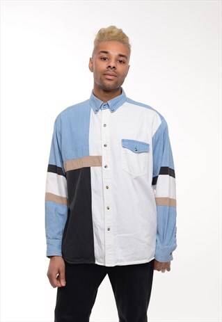 ASYMMETRICALLY PATTERNED, PANELLED VINTAGE DENIM SHIRT