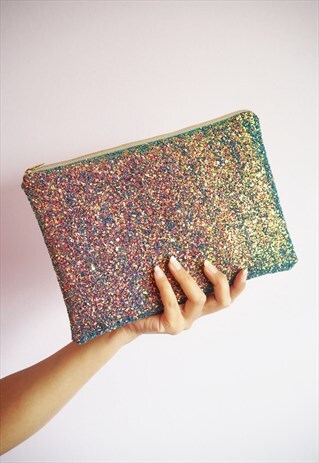 GLITTER CLUTCH BAG IN PURPLE & BROWN RAINBOW