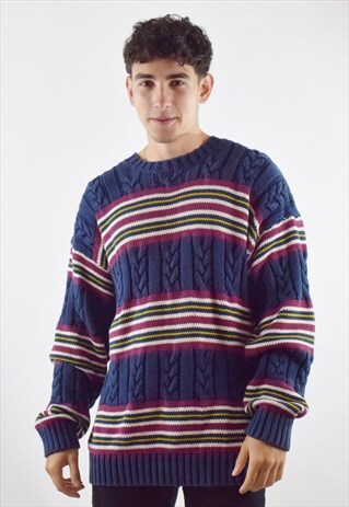 NAVY BLUE TOMMY HILFIGER STRIPED KNITTED JUMPER