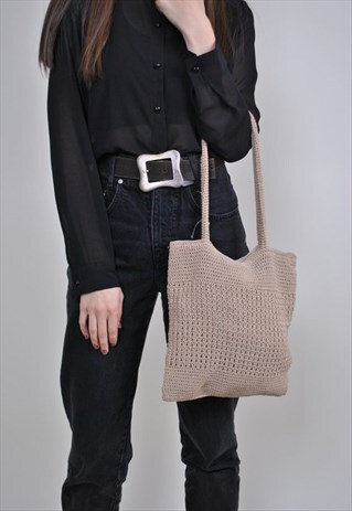 VINTAGE BEIGE ECOBAG, 80S RETRO KNITTED SHOP BAG