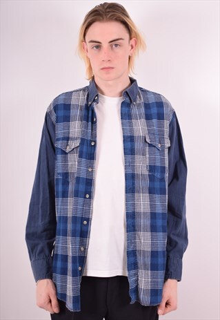 WRANGLER MENS VINTAGE SHIRT MEDIUM BLUE CHECK 90S