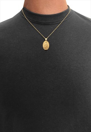 20" GOD JESUS MARY OVAL PENDANT NECKLACE CHAIN - GOLD