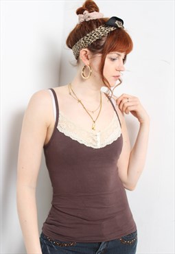 Vintage Y2K Lace Detail Cami Vest Top Brown