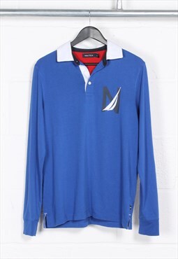 Vintage Nautica Polo Shirt in Blue Long Sleeve Rugby Medium