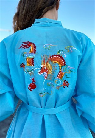 VINTAGE DRAGON EMBROIDERED KIMONO BLUE