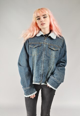 VINTAGE DARK BLUE SHERPA LINED DENIM JACKET