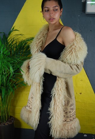 Y2K SUEDE AFGHAN WITH EMBROIDERY AND FUR BORDERS