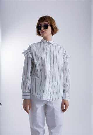 VINTAGE UNIQUE WHITE STRIPPED RUFFLE SHIRT