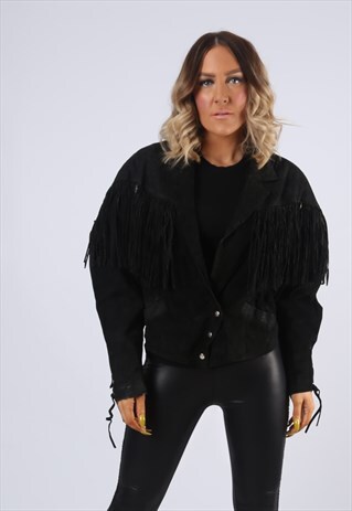 SUEDE LEATHER FRINGE TASSEL JACKET VINTAGE UK 14 (EM5Q)