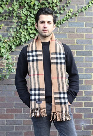 VINTAGE CASHMERE LAMBSWOOL CHECKED SCARF BROWN-AS97
