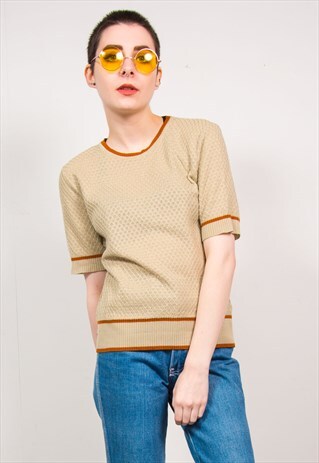 VINTAGE 70'S BROWN STITCH PATTERN SHORT SLEEVE KNIT TOP