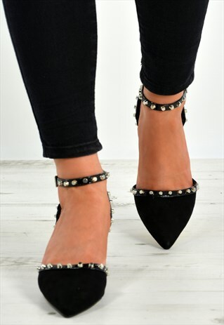BLACK SUEDE SPIKE BIKER STUDDED LOW BLOCK HEEL PUMPS SHOES