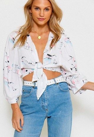 VINTAGE 90'S REWORKED PASTEL PRINTED TIE FRONT BLOUSE