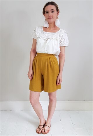 VINTAGE 50'S BEIGE COTTON SMOCK TOP W/ CROCHET NECKLINE