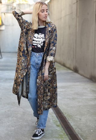 VINTAGE FLORAL PATTERNED LKIMONO OVERSIZED TRENCH COAT
