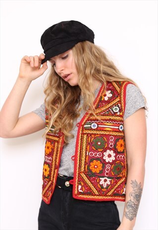 VINTAGE 70S HANDMADE EMBROIDERED EMBELLISHED BOHO WAISTCOAT