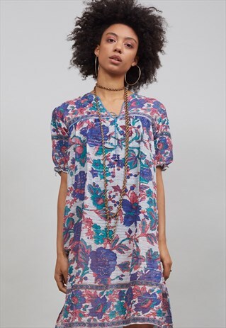 70'S TEAL AND INDIGO BLUE FLORAL INDIAN BOHO DRESS