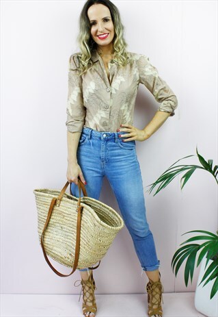 VINTAGE 80'S BEIGE PRINT SHIRT BLOUSE