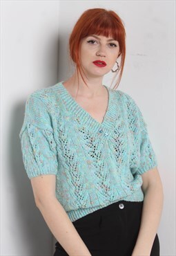 Vintage Y2K Short Sleeve Crochet Knit Top Blue