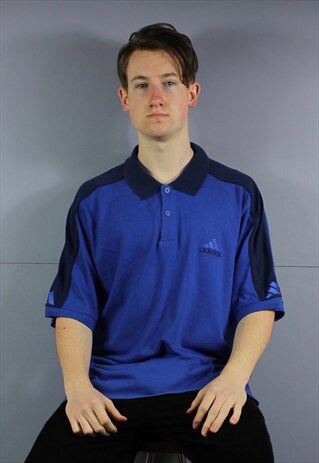 VINTAGE ADIDAS POLO SHIRT IN BLUE WITH EMBROIDERED LOGO. SIZ