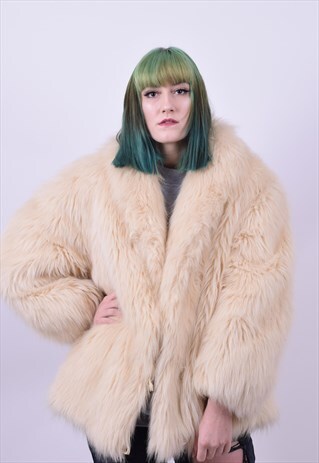 VINTAGE 70'S BOHO FLUFFY FAUX FUR COAT SIZE 10 12 14 16 18