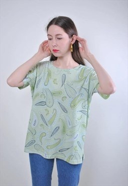 Women vintage green buta print pullover summer blouse 