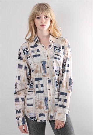 VINTAGE 80S BEIGE CRAZY PATTERNED SHIRT BLOUSE TOP