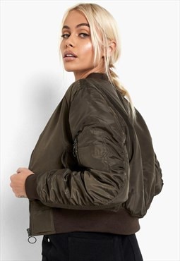 Khaki Ruched Sleeve Bomber Jacket