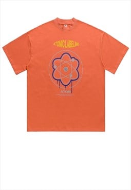 Atom print t-shirt science geek tee retro raver top orange