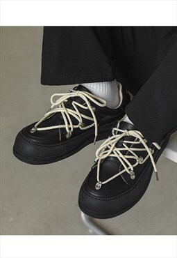 Flat sole shoes lace up speed hooks boots in black
