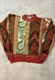 VINTAGE KNITTED JUMPER ABSTRACT PATTERNED GRANDAD SWEATER