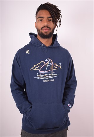 CHAMPION MENS VINTAGE HOODIE JUMPER LARGE BLUE 90S