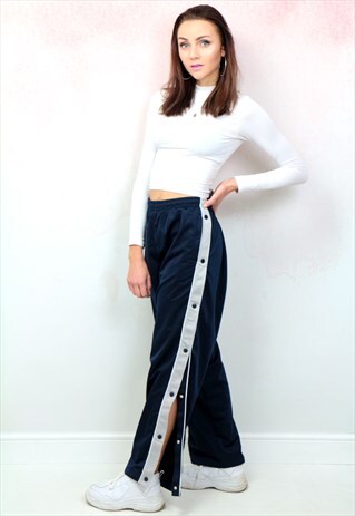 1990S VINTAGE NAVY BLUE AND GREY POPPER JOGGER BOTTOMS