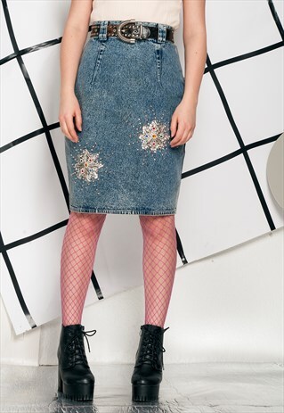 80S VINTAGE DENIM PENCIL SKIRT W RHINESTONES