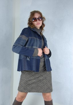 Vintage Y2K Grey Blue Checkered Baggy Trench Blazer Jacket 