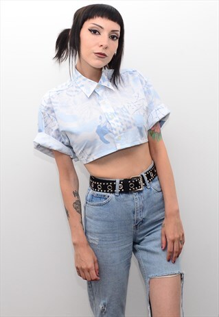 VINTAGE 90'S DREAMY PALE BLUE&WHITE PATTERNED REWORKED CROP