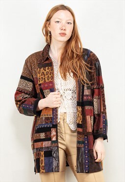 Vintage 80's Women Boho Patchwork Jacket in Brown and Blue