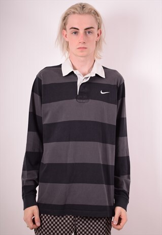 NIKE MENS VINTAGE RUGBY POLO SHIRT LONG SLEEVE XL BLACK 90S