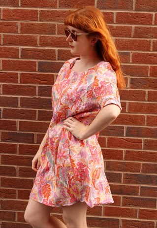 VINTAGE 80S LINEN MINI DRESS PINK FLORAL PRINT WITH POCKETS