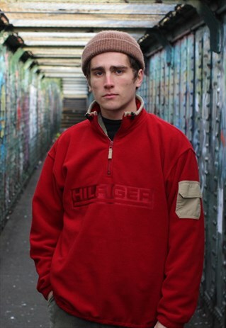VINTAGE 90S TOMMY HILFIGER FLEECE Q ZIP JACKET RED