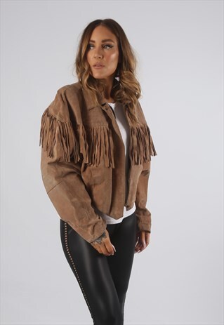 VINTAGE SUEDE TASSEL FRINGE JACKET CROPPED UK 12 M (9BF)