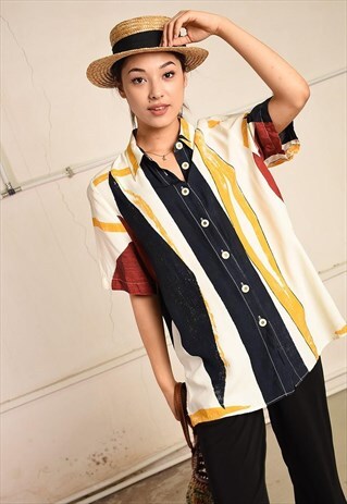 90'S RETRO ETHNIC PRINT PARIS CHIC SHIRT BLOUSE TOP