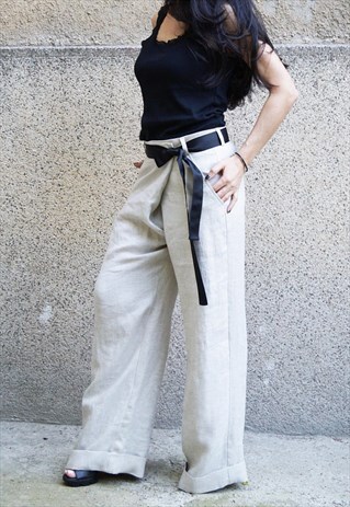 BEIGE LINEN PANTS LOOSE CASUAL TROUSERS HAREM PANTS F1688